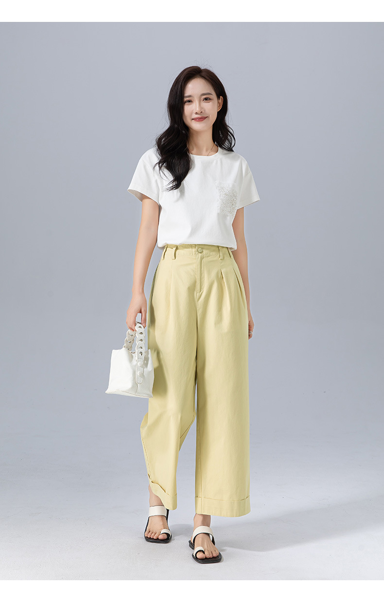 Quần culottes nữ ống rộng cạp cao chất liệu cotton wash — màu vàng chi tiết 23