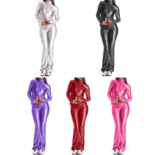 女式亮光修身套装秋冬季亚马逊欧美女装新款双开拉链紧身两件套女