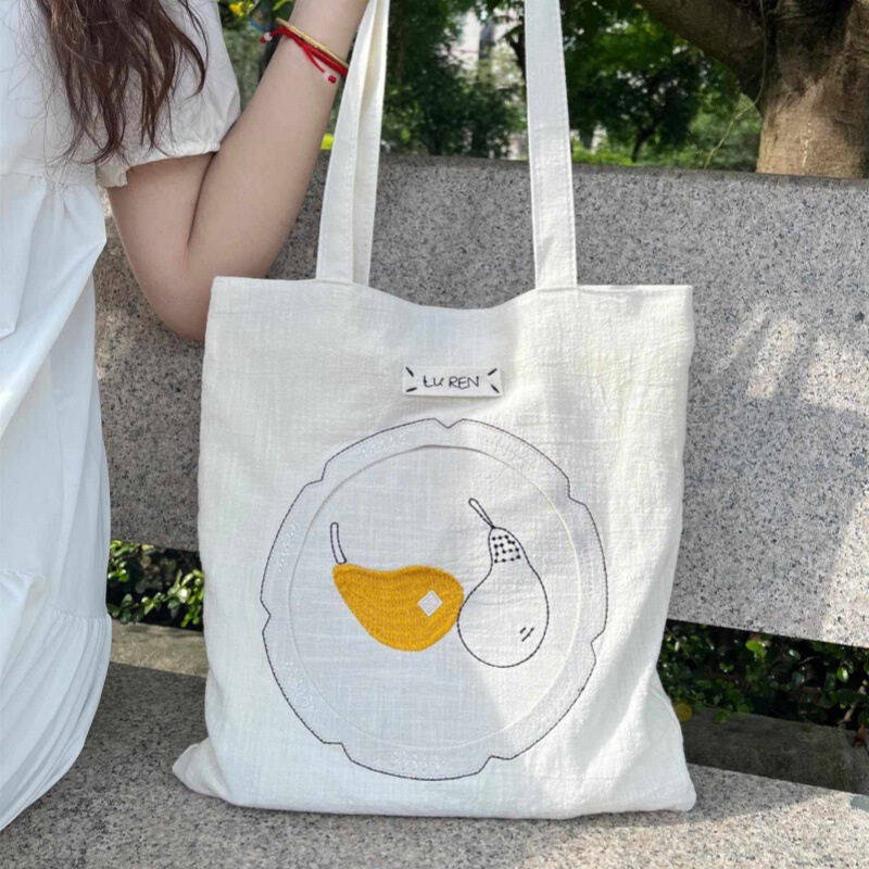 2025 新キャンバスバッグハンドバッグ日本文学梨刺繍ショルダーバッグ大容量カジュアル多用途バッグ|undefined