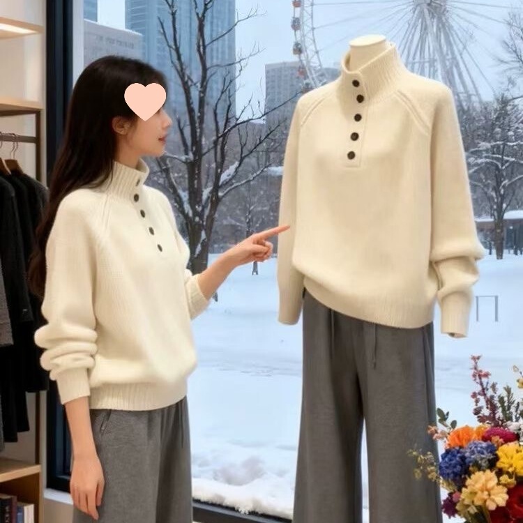 Pure Wool Sweater Women's High Collar Button Knitwear Lazy Style Loose Pullover Sweater Age-Reducing Top White Gray