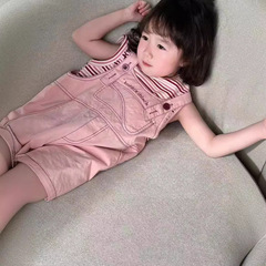 夏女童套裝彩條背心粉色背帶短褲套裝中大童女寶可愛兩件套L55216