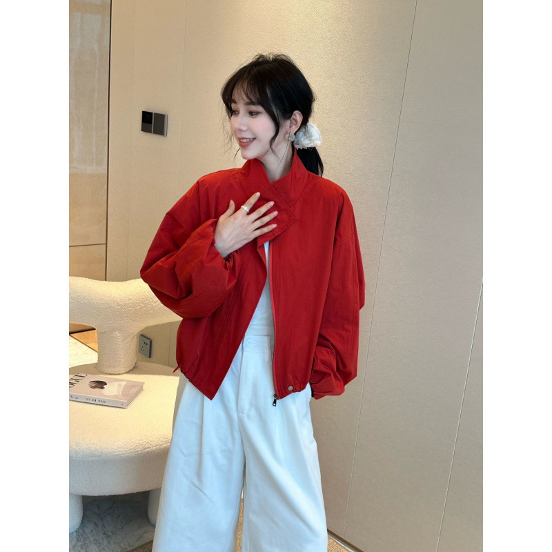 【店頭売れ筋】ヨーロッパ製スタンドカラーレッドジャケットレディース2025春夏新作韓国風万能カジュアルジャケット|undefined