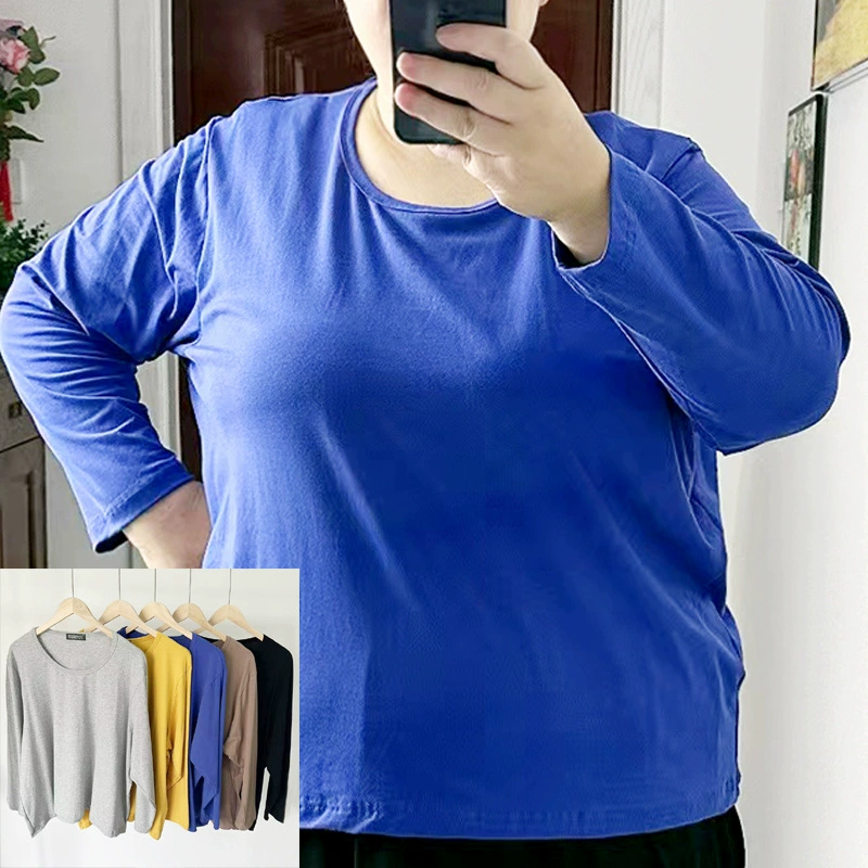 Женская хлопковая рубашка больших размеров с длинным рукавом, толстая 200 кг 300 кг, толстая эластичная футболка с круглым вырезом, свободная футболка с длинным рукавом, осенняя одежда