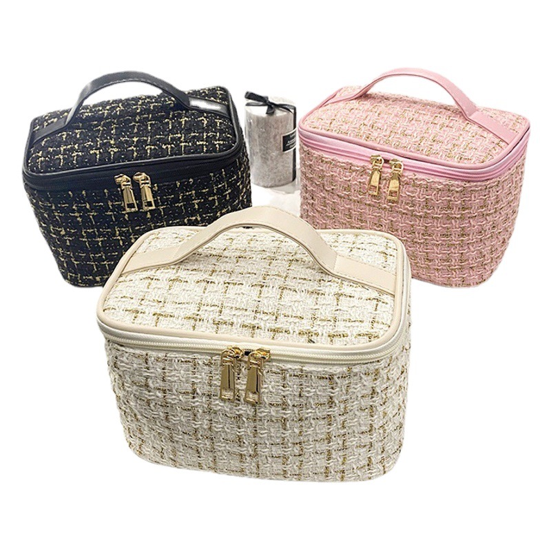 Nuevo estilo coreano a cuadros portátil estilo Chanel bolsa de cosméticos de gran capacidad Portátil Bolsa de almacenamiento de lavado caja de maquillaje viajes al por mayor