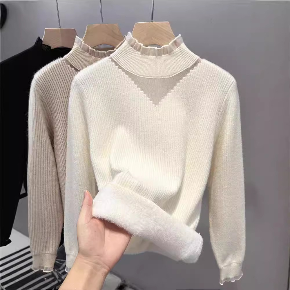 Women's Clothing Plush sweater thickened bottoming shirt ladies autumn and winter half high collar lace inner top sweater_voghion.com