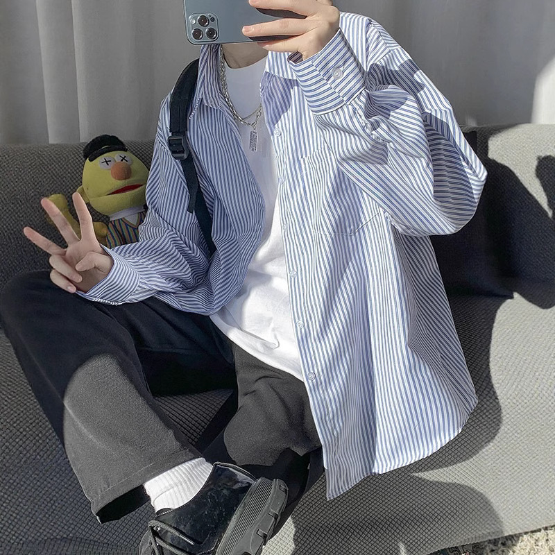 Japanese-Style Blue and White Striped Long-Sleeve Shirt for Men 2024 New Summer Casual White Shirt with a High-End Feel for Layering