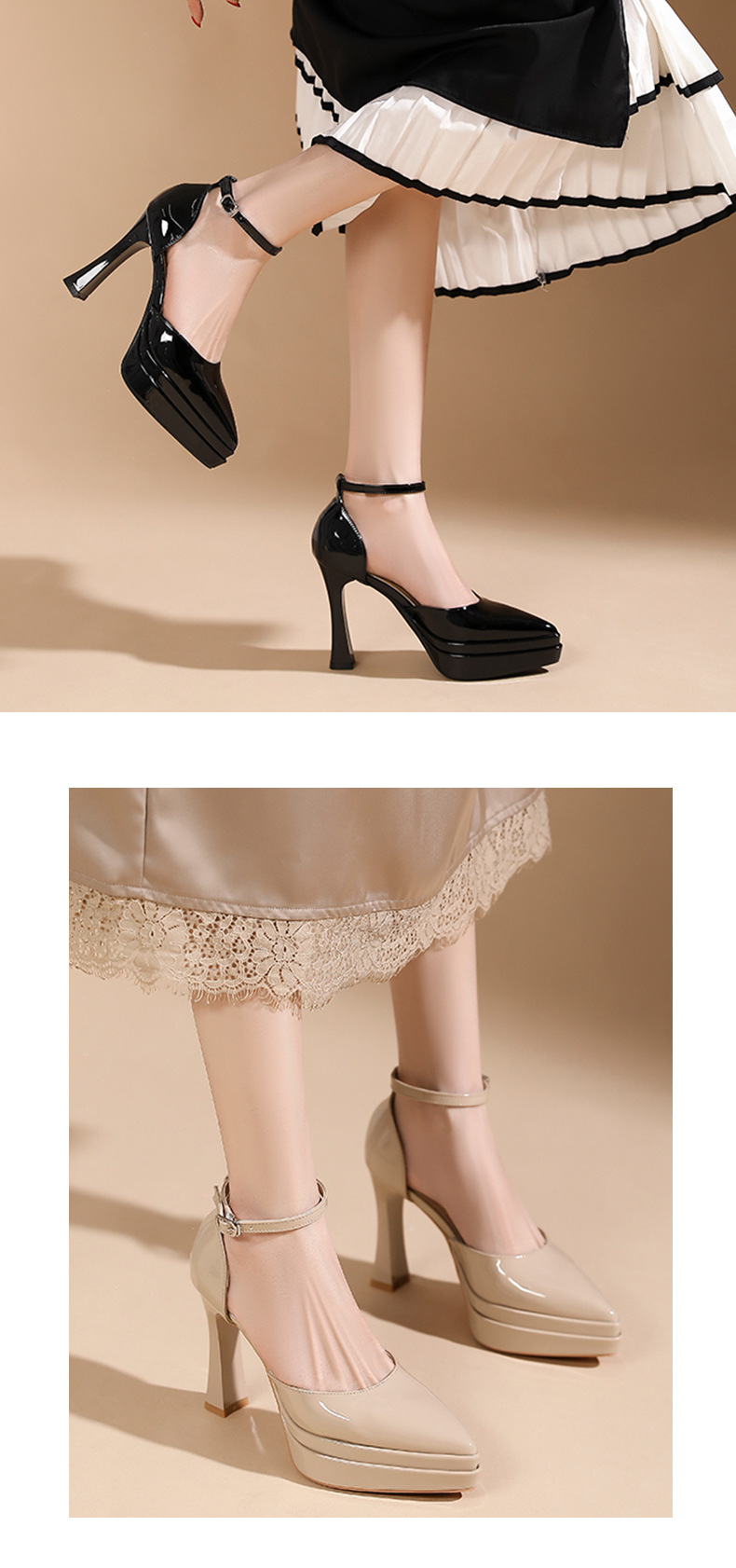 Sandal cao gót nữ mũi nhọn quai ngang khóa dây, gót 11 cm, đế platform — Màu nude - 11cm chi tiết 5
