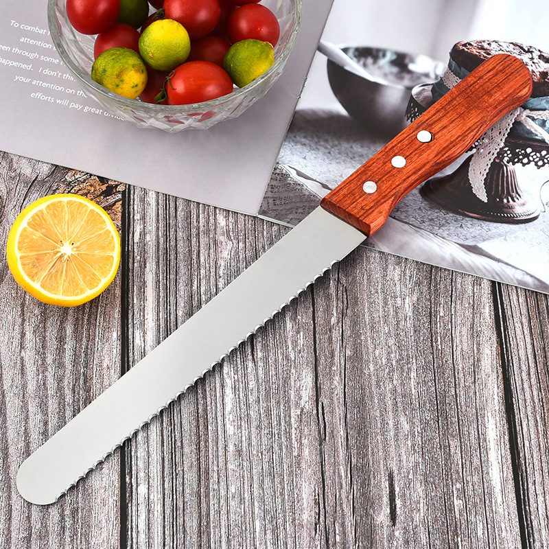 Cuchillo de pan de acero inoxidable con mango de madera al por mayor 8 pulgadas 10 pulgadas 12 pulgadas cortador de horneado dentado tostado espátula de pastel de crema