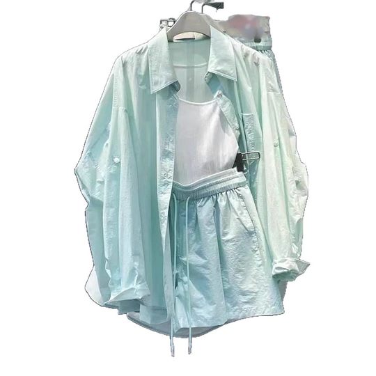 Pure Summer Wear Green Sun-protective Clothing Shirt Shorts Sun-protective Clothing Leisure Sports suit Women's 2025 New