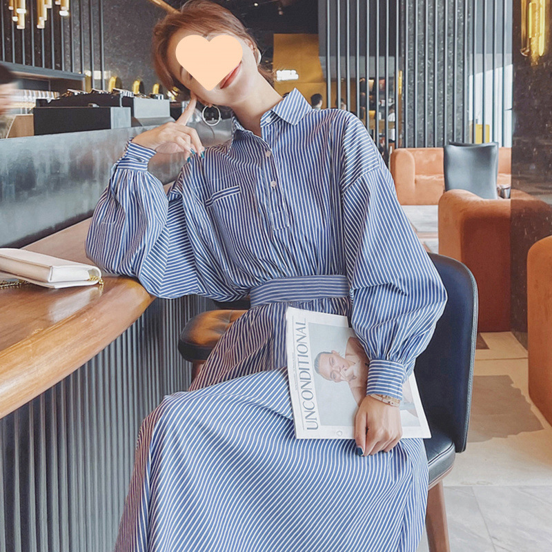 ブルーストライプ長袖シャツドレス女性のミドル丈 2025 新しいフレンチデザインスリムスカート|undefined