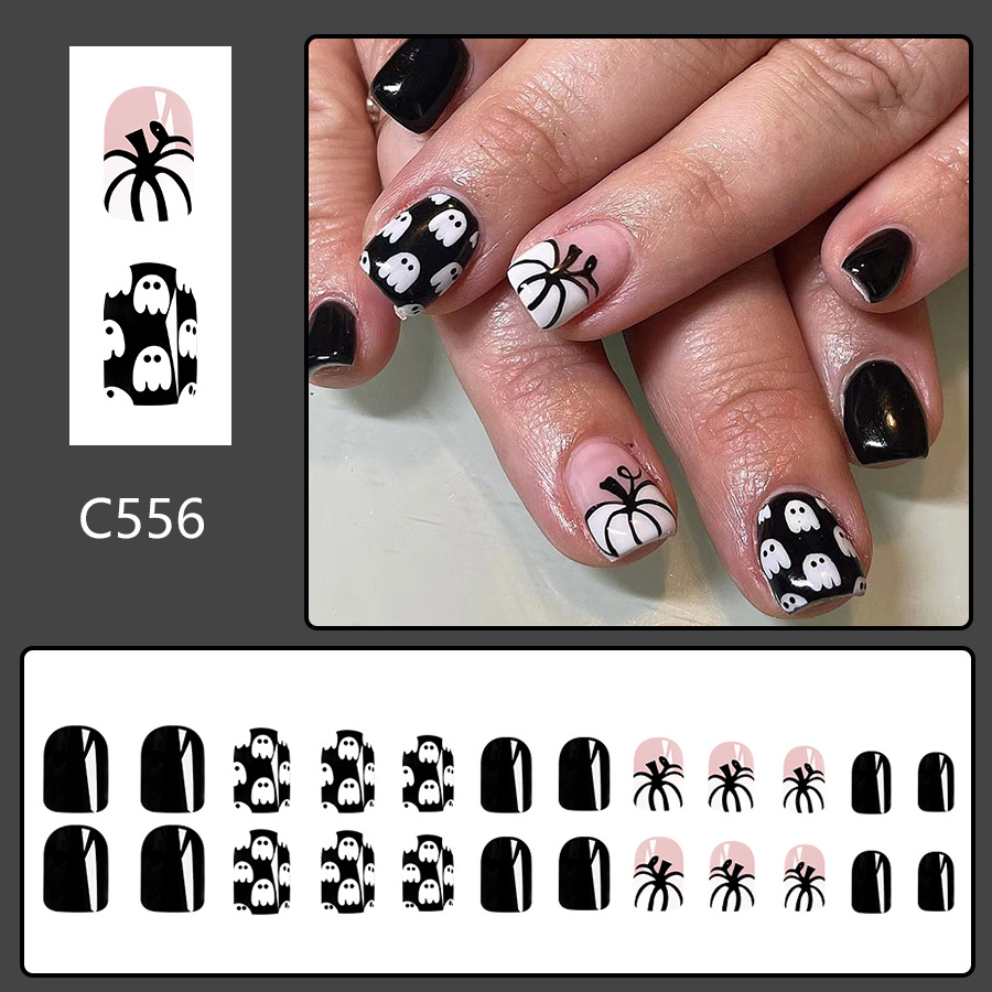 Corto luminoso viso quadrato armatura Halloween teschio zucca nero brillante usura nail art patch 2024 nuovo commercio estero 24 pezzi_voghion.com