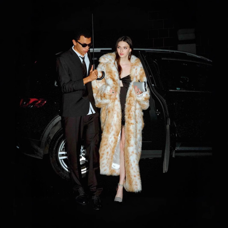 European and American Cross-Border Trade 2026 Autumn and Winter New Leopard Print Eco-Friendly Fur Coat with Suit Collar and Extended Faux Mink Coat