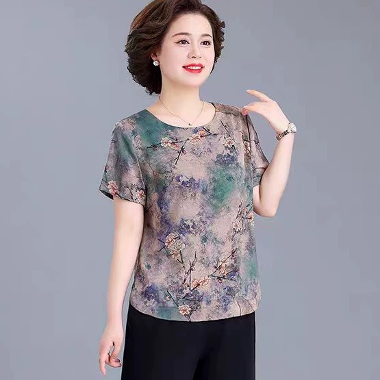 Silk summer clothing for mother, sleeves, summer set, with short sleeve, western style