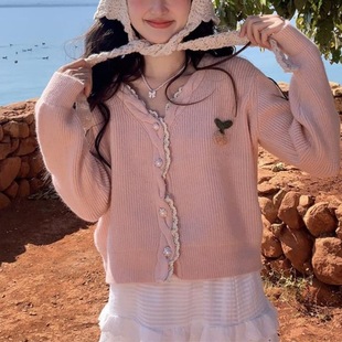 Spring and Autumn New Korean Style Gentle Sweet Age-reducing V-neck Lace Ear Three-dimensional Cherry Knitted Cardigan Sweater for Women