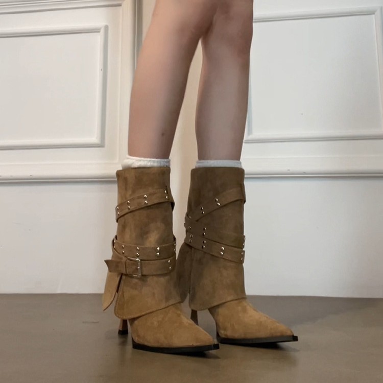 软皮版~气质辣妹小众裤管靴女皮带扣高跟尖头铆钉小短靴显瘦单靴|undefined