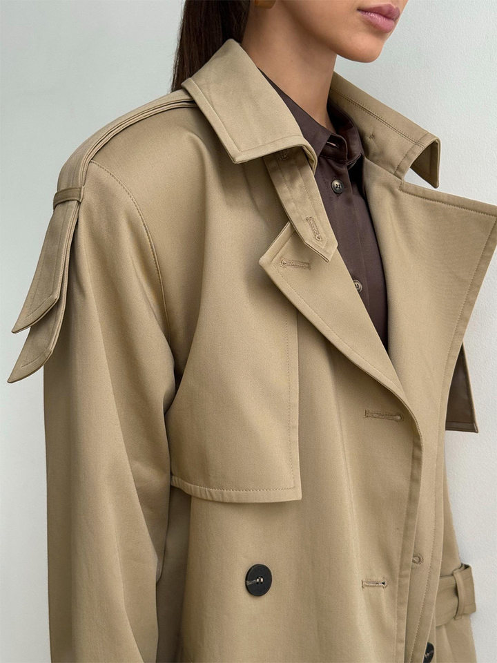 Áo khoác trench coat nữ dáng dài phong cách Âu Mỹ, chất liệu cotton, form rộng có dây thắt eo — Màu kaki, màu xám chi tiết 33