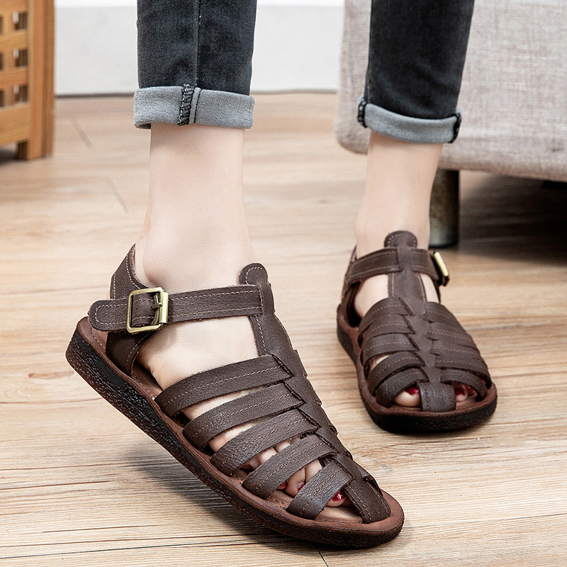 2021夏季头层牛皮平底凉鞋现货透气包头后空低帮牛筋软底女士凉鞋