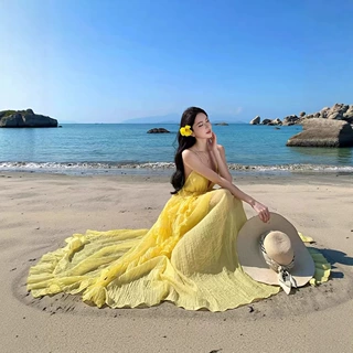 荷叶边吊带V领性感不规则仙女连衣裙海边拍照沙滩度假长裙夏