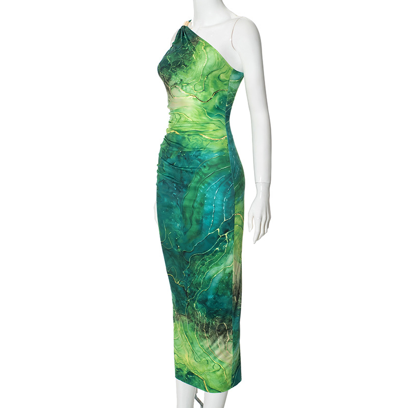 Women Clothing Summer Printed One Shoulder High Waist Hip