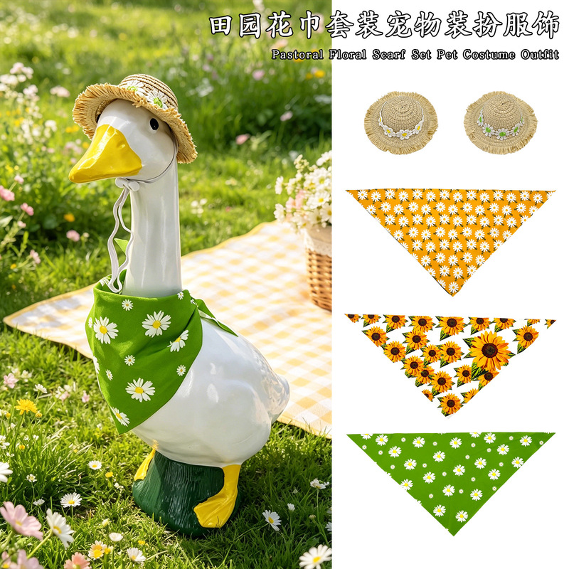 Patio Goose Pet Costume Straw Hat + Floral Scarf 2-Piece Set Popular Amazon Country Style Garden Decoration Party Picnic