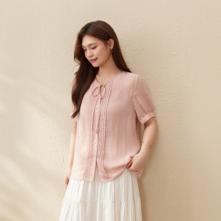 [Pinellia ternate is slightly cool] Ouruofeng front shoulder bubble sleeve light shirt delicate show plus size women's chubby girl summer new