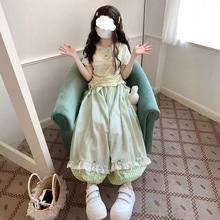 草莓格子拼接灯笼裤搭配浅绿上衣套装夏季宽松甜美可爱天灯笼裤女