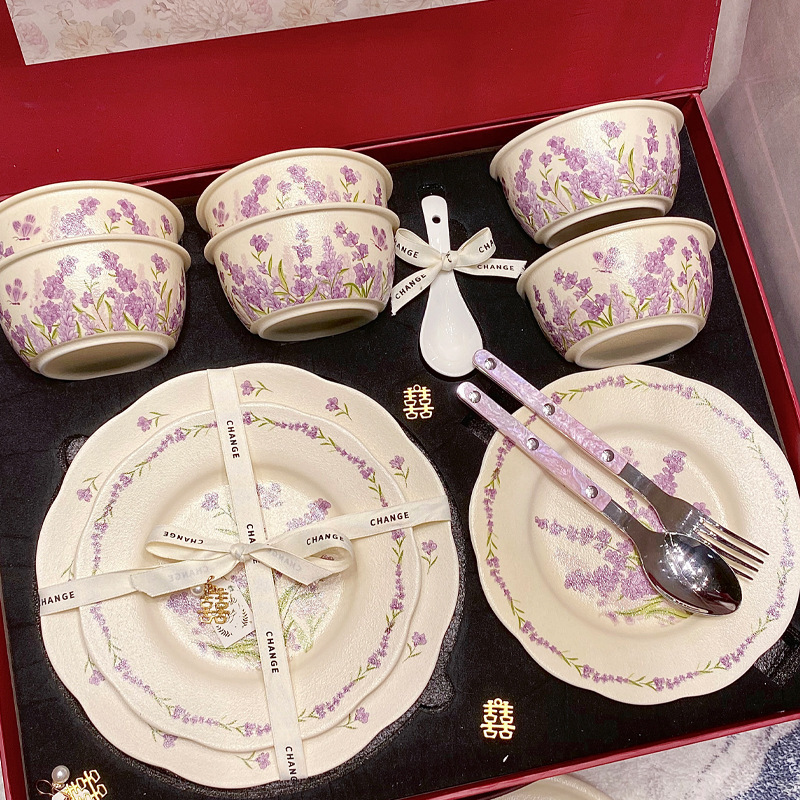 Purple Bowl and Plate Set, High-Looking Romantic Lavender Thickened Ceramic Bowls and Plates, Gift Tableware for Besties