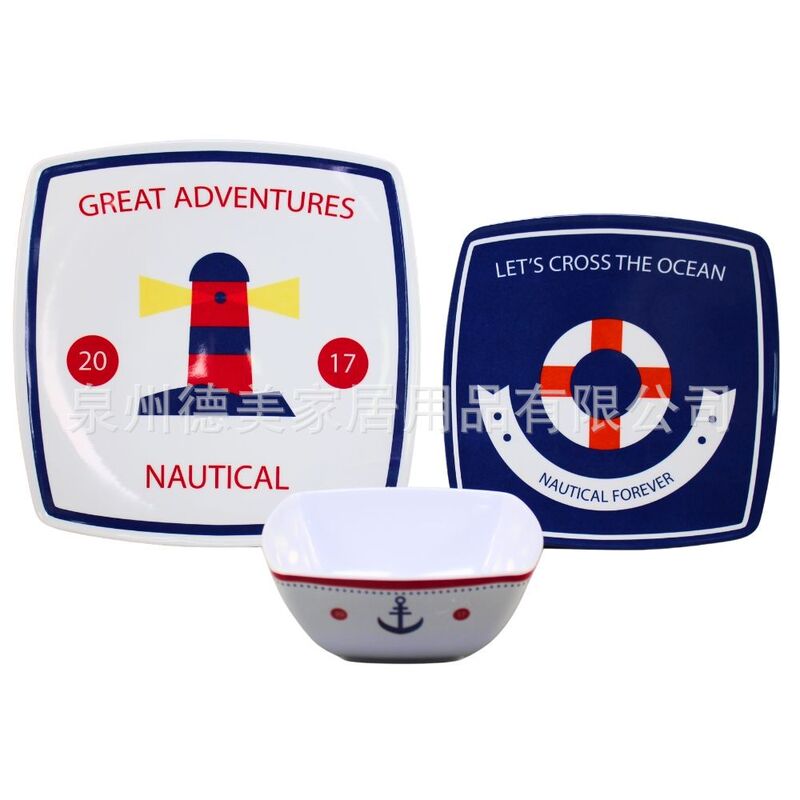 Summer Nautical Design Melamine Outdoor Tableware Export Melamine Square Plates, Bowls, Cups 16-Piece Tableware Set