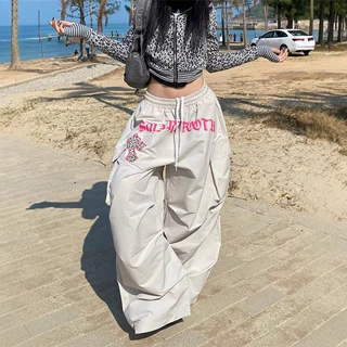 美式辣妹嘻哈风字母印花大口袋速干裤女宽松工装伞兵裤爵士舞长裤