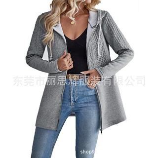 欧美跨境时尚女款春秋纯色卫衣波纹拼接休闲宽松抽绳连帽夹克外套