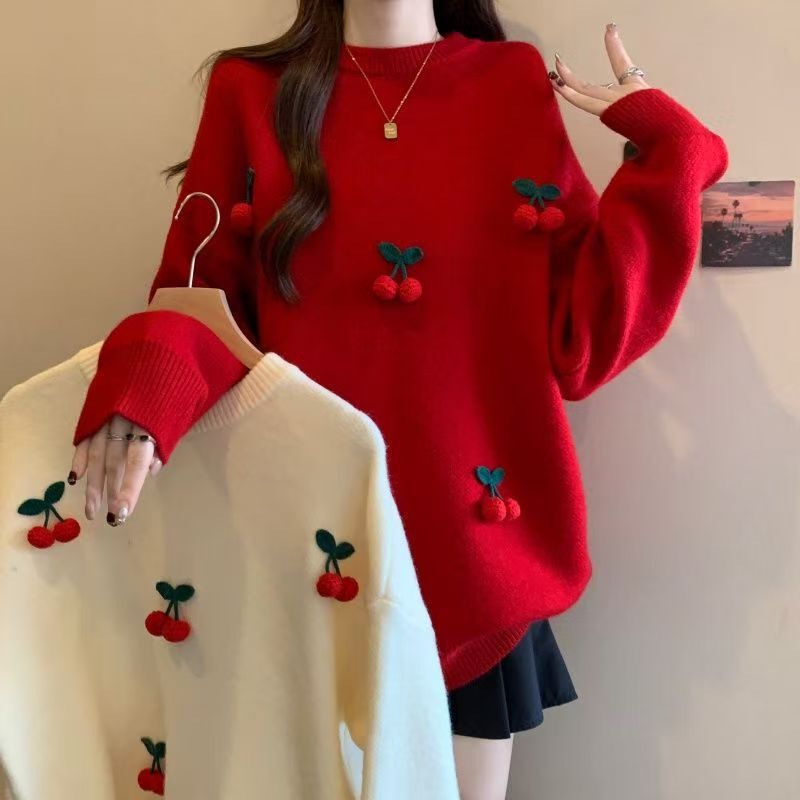 Popular Christmas Red Cherry Knitwear for Women in Autumn and Winter 2025, Super Nice Top, Long-Sleeved Knitwear, Trendy