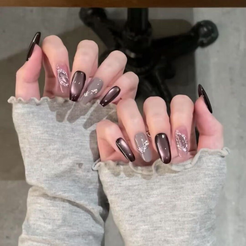 Purely Handmade Wearable Nails, Exquisite Sexy Dark Black Design, Raspberry Purple Cat Eye Nails, Whitening Manicure