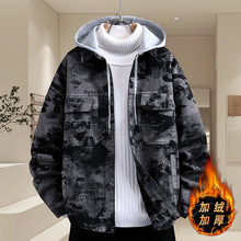 加绒牛仔夹克男士冬季新款加厚休闲棉衣时尚印花连帽宽松潮流外套