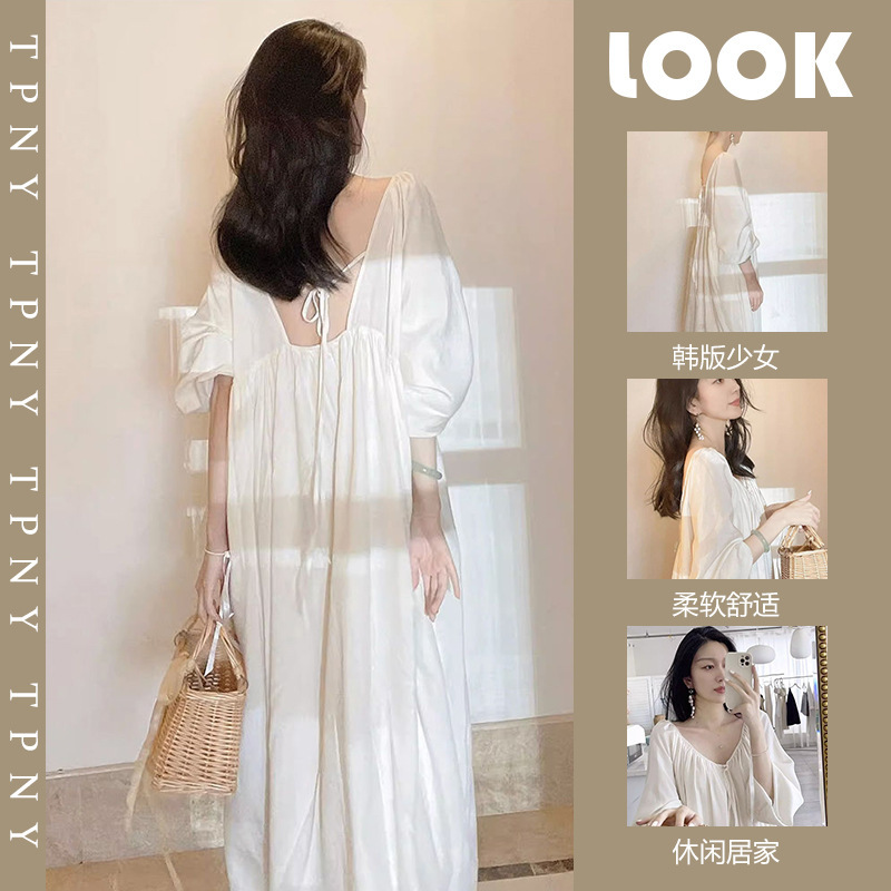 French style simple high-end long-sleeved pajamas women's 2024 spring and summer pure desire backless dress plus size mid-length nightdress