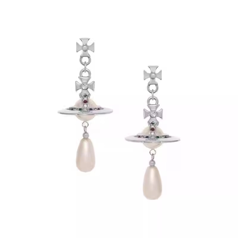Queen Mother Vivienne's Classic Saturn Ufo Pearl Earrings, Punk Sweet Cool Japanese and Korean Style Earrings