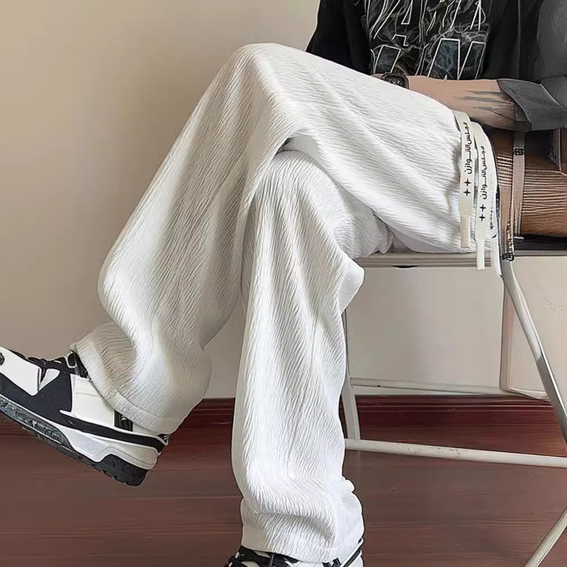 Men's Summer Trendy Large-Size Floor-Length Loose Thin Cool Straight-Leg Ice Silk Pants with Drape Texture