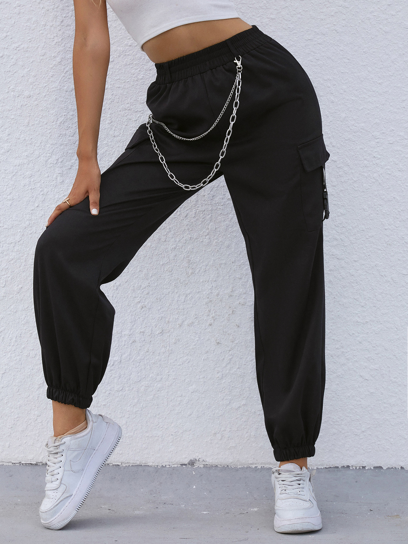 Chain Decor Loose High-Waisted Trousers NSJM113891