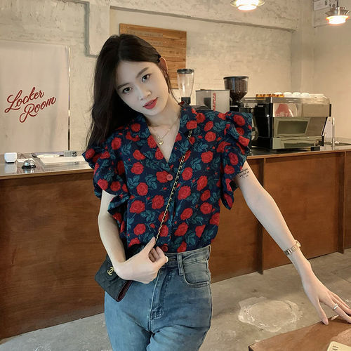 Floral Collared Women's Vintage Hong Kong Style Summer New Design Fly Sleeve Suit Collar Unique Topcoat