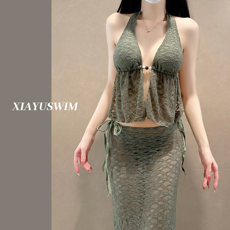 Swimsuit for Women, French Retro Lace Split Bikini Three-Piece Set, Sexy Hot Spring Swimsuit, Beach Long Skirt, Vacation