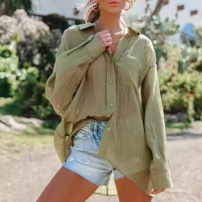 Spring and Summer POLO Single-breasted White Collar Crepe Cloth Loose Beach Bikini Cover-up Sun Protection Clothing Shirt Air-conditioning Shirt