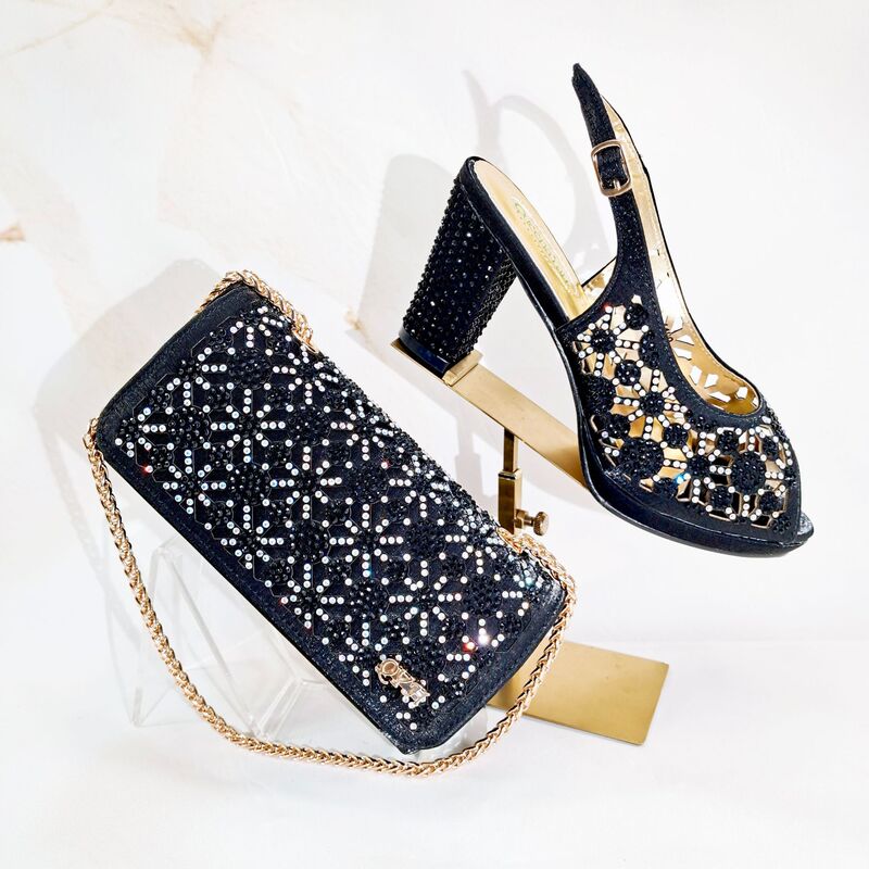 High-Heeled Hollow-Out Full Rhinestone Peep-Toe Women's Shoes, Matching Hollow-Out Rhinestone Evening Bag, Wedding Shoe and Bag Set, Cross-Border Supply