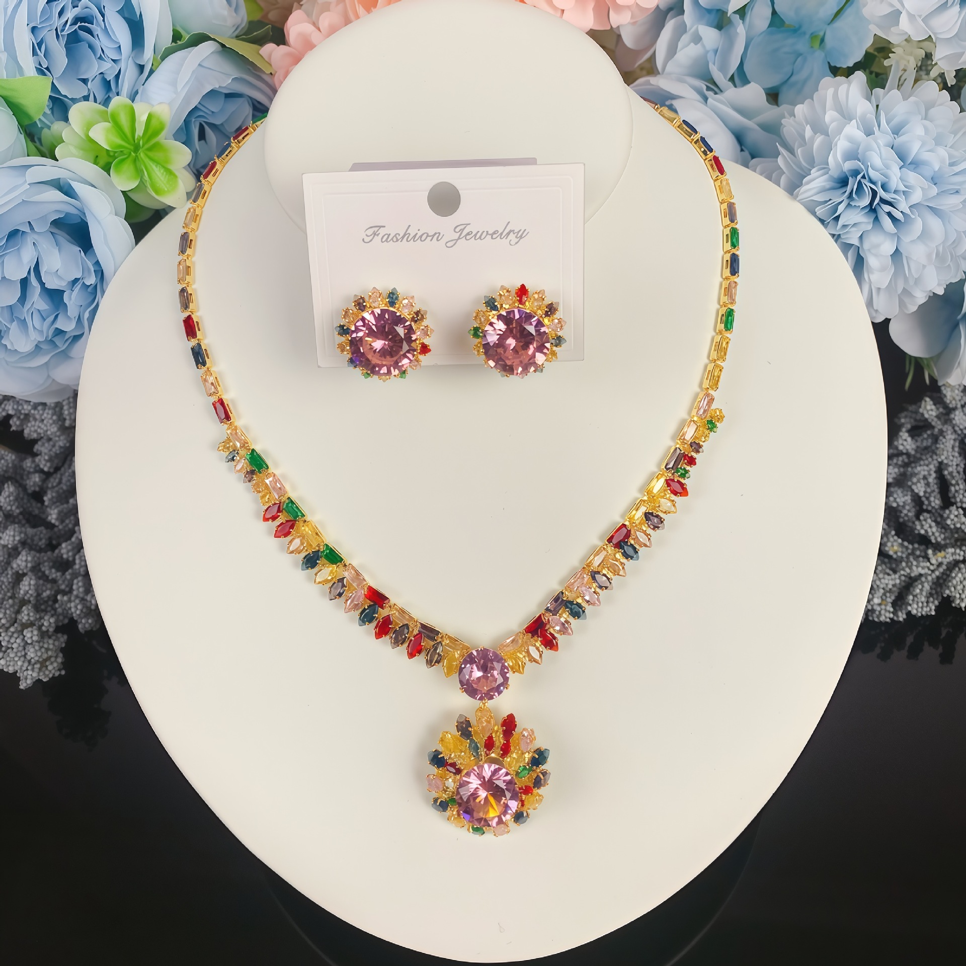 Collar de color de la industria pesada amazona orejas joyas set de moda de lujo vestido de novia cena joyas de zircon mujer image 41