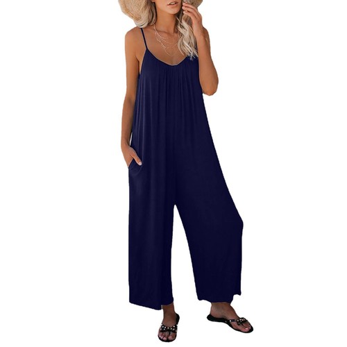 European and American-style summer women's long pants, solid color, with inset pockets, loose-fitting, casual, strap-style jumpsuit