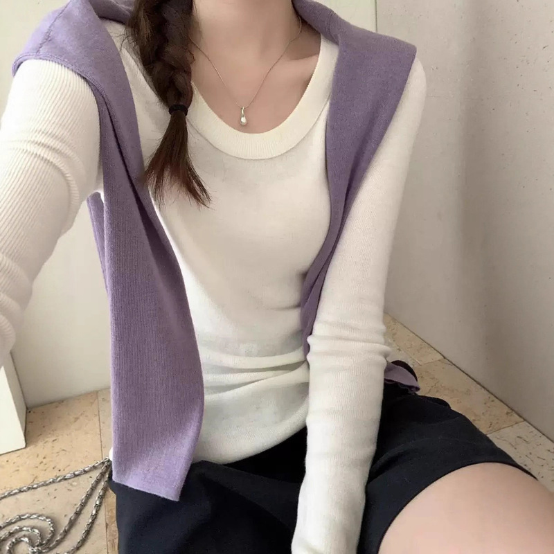 Antinglu New Korean Style Sweater U-Neck Long-Sleeved Andy Velvet Pure Color Slimming Look Casual Knitwear Versatile
