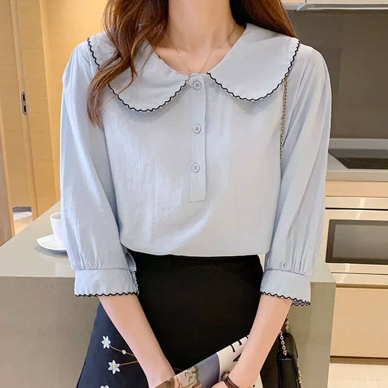 Женская рубашка с воротником-стойкой, летняя новинка 2025 года, корейский стиль, приталенный ретро-топ, три четверти рукава, универсальная рубашка