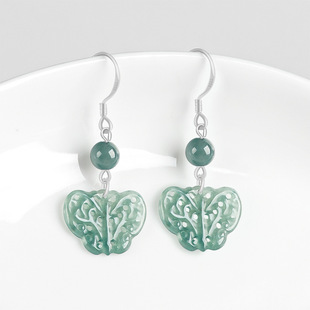High-grade S925 silver inlaid natural A goods jade blue water butterfly earrings ice jade ancient style women's earrings earrings