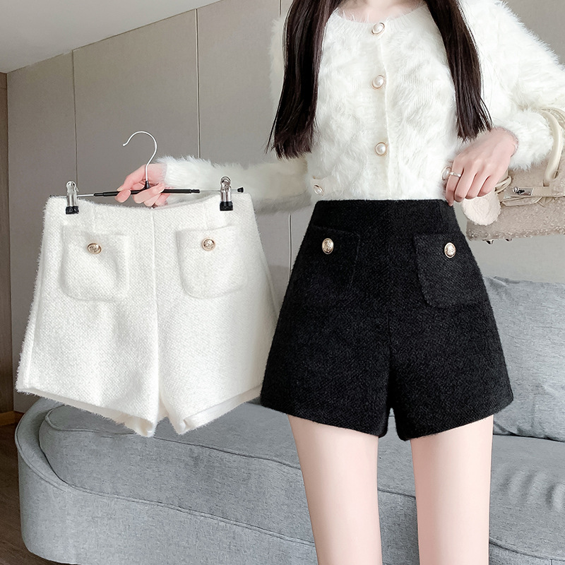 실제 촬영 비디오 높은 허리 작은 향기로운 스타일 캐주얼 반바지 새로운 폭발 겉옷 모직 스커트 바지 겨울 검은 부츠 바지