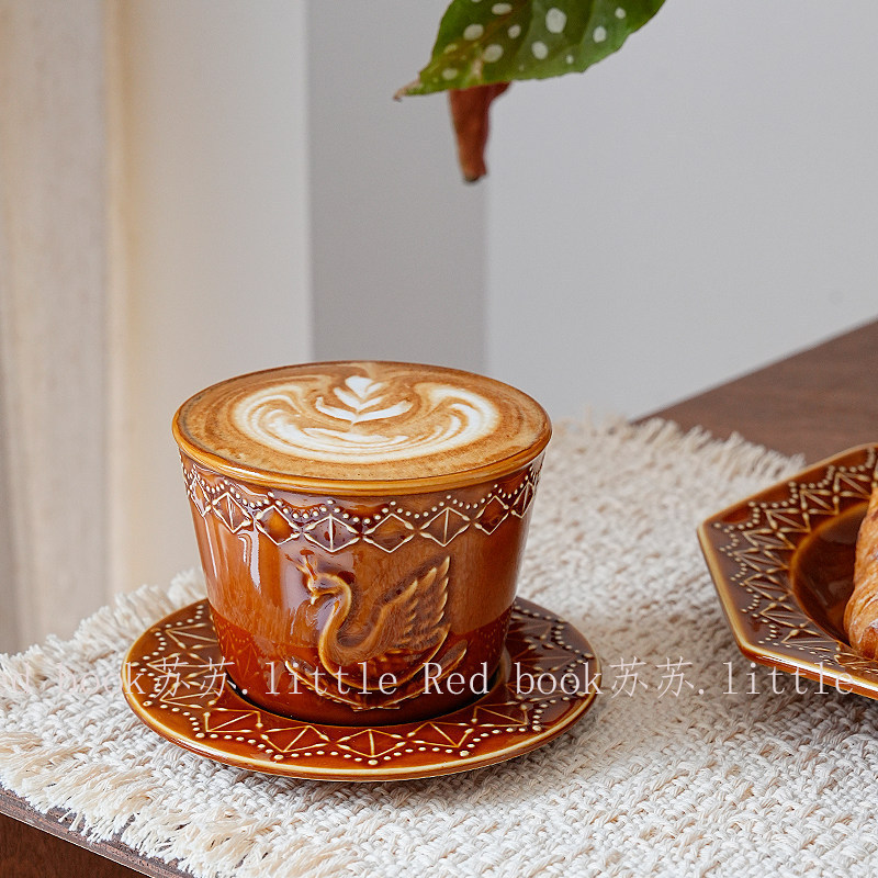 Vintage Embossed Swan Ceramic Coffee Cup and Saucer, Latte Art Cup, Afternoon Tea Set, Octagonal Plate, Antique Style Vintage Embossed Swan Ceramic Coffee Cup and Saucer, Latte Art Cup, Afternoon Tea Set, Octagonal Plate, Antique Style