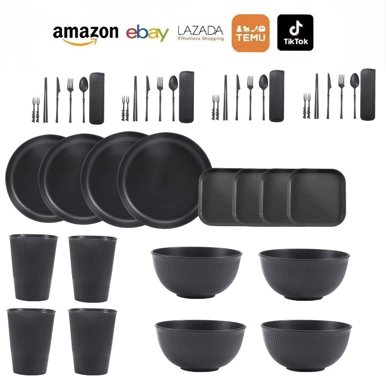 Amazon wheat straw black vertical pattern plate plate water Cup plate Bowl Cup tableware suit PP gift suit Amazon wheat straw black vertical pattern plate plate water Cup plate Bowl Cup tableware suit PP gift suit