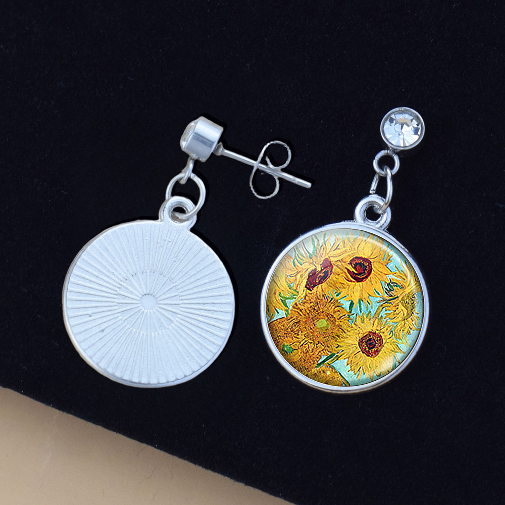 Pendientes de diamantes brillantes de flores Iris de girasol Van Gogh Art Starry Sky Pintura al óleo Pendientes de estilo europeo y americano medieval